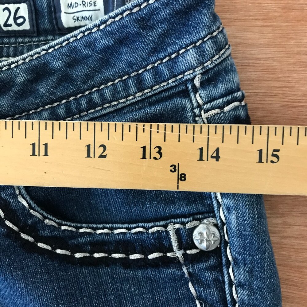 Miss Me Mid Rise Skinny Jeans Women 26 Blue Embellished Thick Stitch Studded - Picture 12 of 16